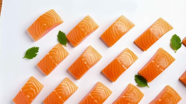 Rows of fresh uncooked salmon filets arranged on a white surface with a few green leaves