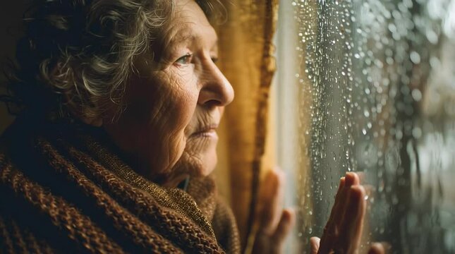 Old woman looking out window at rain sad lonely elderly senior citizen rainy day weather depression
