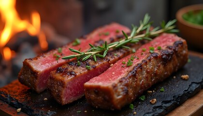 Gegrilltes Tomahawk-Steak mit Rosmarin auf Holzbrett  
