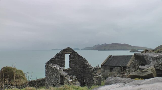 Ruins with the Blasket Islands in the background, Dingle Peninsula , Slae Head drive, County Kerry, Ireland - Timelapse