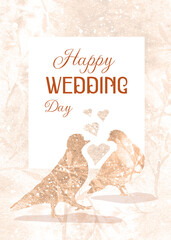 Autumn wedding design with a pair of birds, congratulations on the wedding day. Festive banner for newlyweds with silhouettes of birds