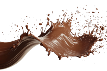 transparent png, Dynamic splash of rich brown chocolate against a black background, creating a sense of motion and excitement.