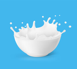 Bowl with milk splashes and drops. Vector illustration on colour background. Can be use for your design. EPS10.