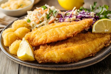 Southern-style fried catfish fillets on a plate with hush puppies and coleslaw
