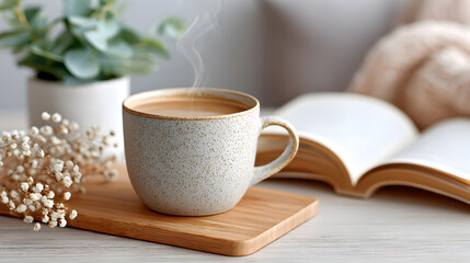 Warm cup of coffee placed on wooden board beside open book and decorative plant, creating a cozy and inviting atmosphere for relaxation. Selective focus