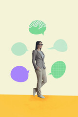 Vertical 3d poster art collage of happy girl guy stand bubble communication chatterbox speech...