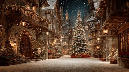 A festive, snow-covered village street adorned with Christmas lights, a large decorated tree, and traditional stone buildings, capturing a cozy holiday atmosphere.