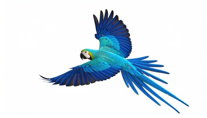 Fototapeta premium Vibrant Blue Macaw Soaring Freely Against a Clean White Background in Full Flight