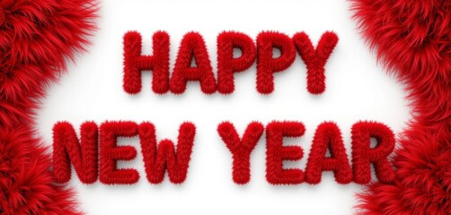 Happy New Year's Furry 2026: A soft, furry "Happy New Year" in a Red hue, "Merry Christmas" , isolated on white background, creating an elegant holiday greeting design.