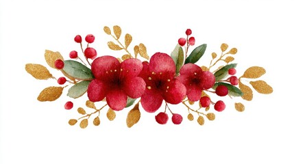 Watercolor floral arrangement with red flowers, green leaves, and gold accents, creating an elegant and festive design.