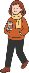 Woman Walking with a Hot Drink in Autumn Clothes