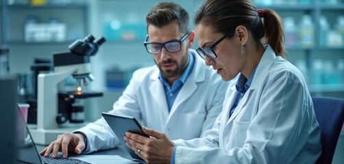 Two scientists in lab coats work together using tablet laptop, microscope. Discussing research data results. Medical tech, analysis, pharmaceutical industry biotechnology. Collaboration, teamwork,