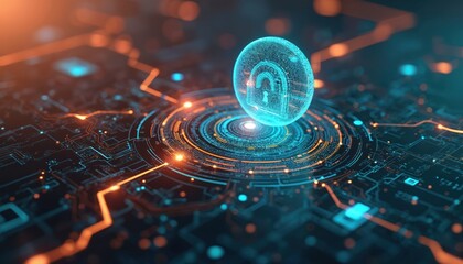 Futuristic 3D illustration depicts secure cross border digital payment solution. Shiny coin with lock symbol, digital circuit background. Finance, banking, security, technology concept.