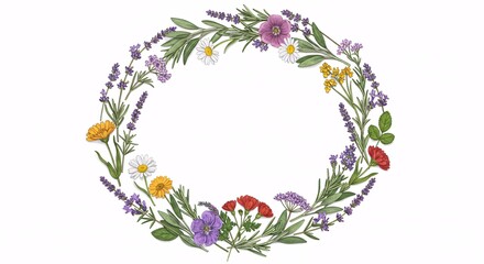 Vibrant Floral Wreath Botanical Illustration