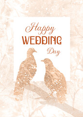 Vertical autumn wedding design with a pair of birds sitting on a branch. Festive banner for newlyweds with silhouettes of birds