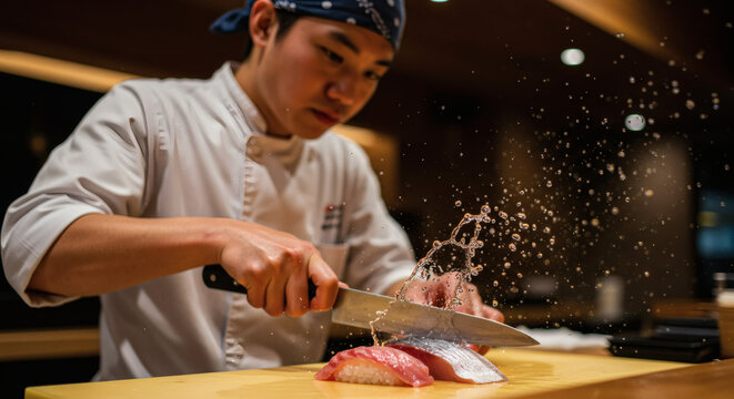 Culinary Precision: Capturing the artistry of a chef meticulously slicing fresh fish, showcasing skill and dedication in a professional kitchen environment.