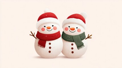 Two cheerful snowmen wearing red and green scarves and hats, smiling against a light background, evoking a festive winter holiday spirit.