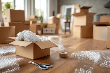 Housing moving checklist planning concept. Cluttered room with unpacked boxes and packing materials scattered on the floor.