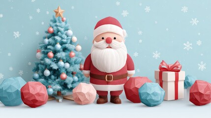 Festive scene with a cute Santa figure, a decorated Christmas tree, geometric ornaments, and a gift box against a snowy background.
