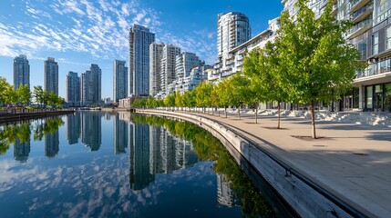 A modern urban waterfront with high-rise buildings reflected in calm water beside a paved walkway and green trees. .