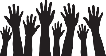 Obraz premium Multiple raised hands reaching upwards in a diverse group silhouette