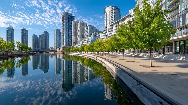 A modern urban waterfront with high-rise buildings reflected in calm water beside a paved walkway and green trees. .