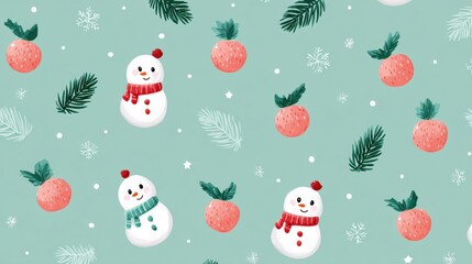 Festive pattern with snowmen, strawberries, pine branches, and snowflakes on a teal background.