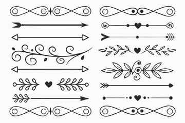 Fototapeta premium Black Vector Decorative Divider Collection Featuring Elegant Line Art, Swirls, Arrows, and Floral Borders for Design Layouts and Invitations.