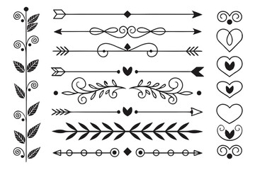 Fototapeta premium Hand-Drawn Elegant Divider Set Featuring Vintage Arrows, Ornamental Swirls, and Floral Borders in Black Vector. Decorative Elements for Layouts.
