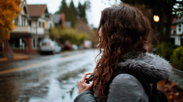 A thoughtful woman observing a town scene