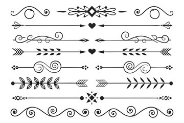 Obraz premium Elegant Hand-Drawn Vector Dividers Featuring Curved Arrows, Swirls, and Floral Accents. Vintage Borders for Stylish Invitations, Graphic Projects, and Cards.
