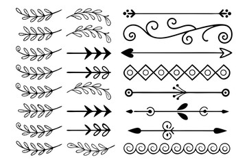 Fototapeta premium Elegant Decorative Line Art Dividers and Arrow Ornaments in Black Vector. Whimsical Swirls and Floral Borders for Graphic Design, Layouts, and Invitations.