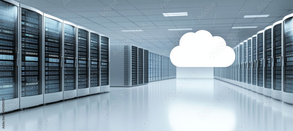 Poster modern data center with advanced cloud computing technology and high-capacity data servers storage