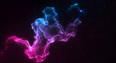 A vibrant wave of pink and blue light glows dynamically against a dark background, creating an abstract and energetic design