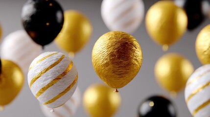 Floating gold, black, and white balloons with stripes create a festive and elegant atmosphere against a soft gray background.