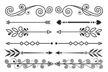 Obraz premium Black and White Decorative Divider Set Featuring Elegant Swirls, Floral Borders, Arrow Separators, and Vintage Accents. Ideal for Invitations, Cards, and Stylish Design Elements.