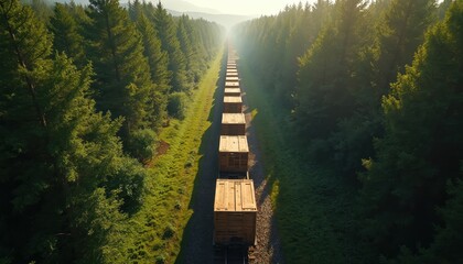 Cargo train transports wooden crates through green forest path. Human logistical efforts blend seamlessly with natural environment. Sustainable transport, delivery, eco-friendly freight at nature,