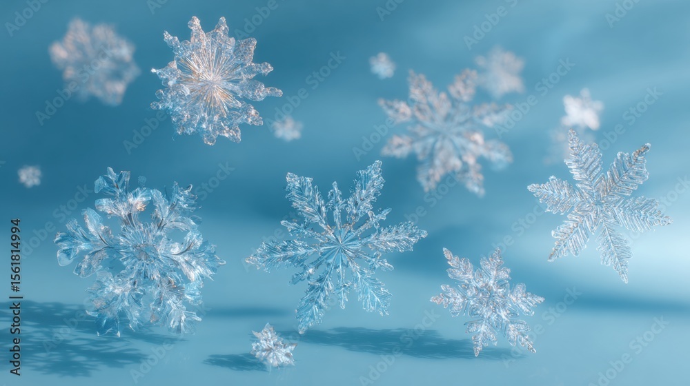 Wall mural close-up of intricate snowflakes on a soft blue background, showcasing their delicate patterns and i