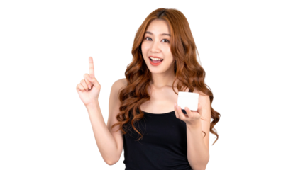 Young black dress Caucasian redhead presenting cream having some great idea, concept of creativity isolated on transparent back ground isolated on transparent background form