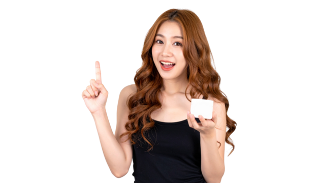 Young black dress Caucasian redhead presenting cream having some great idea, concept of creativity isolated on transparent back ground isolated on transparent background form