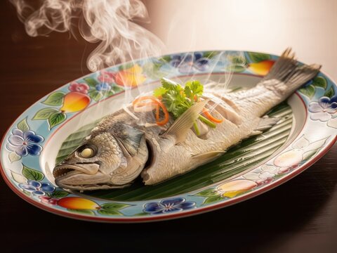 Thai steamed sea bass with lime and chili, spicy and sour fish soup (Pla Neung Manao)
