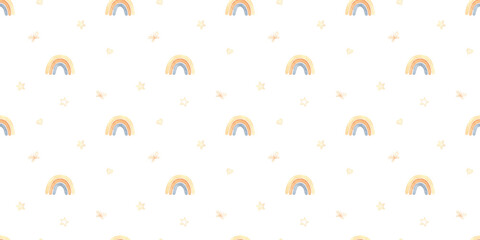Neutral seamless pattern with abstract rainbow watercolor illustration for kids and baby nursery print on white background, pastel colors