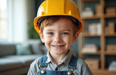 Smiling French little boy in builder worker costume with yellow hard hat. Child playing construction worker, engineer in home interior. Happy, joyful, kid wearing denim overall, safety helmet.