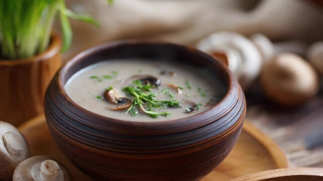 A creamy mushroom soup in a rustic bowl. A delightful culinary creation, showcasing a comforting and flavorful dish. The image features a close-up of the soup, garnished with fresh herbs.