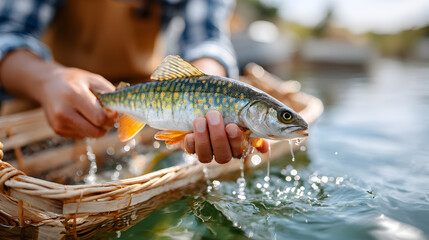 Fototapeta premium Fisherman holding freshly caught fish above water, showcasing vibrant colors and splashes, emphasizing the joy of fishing and connection to nature. Selective focus