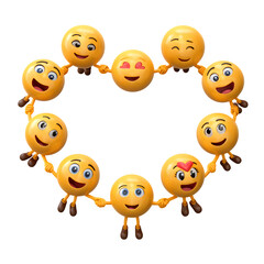 Expressive emojis playfully create a heart shape on a transparent backdrop, symbolizing friendship, connection, and positive social communication.