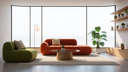 Modern Living Room with Colorful Sofa Set, Minimalist Interior Design, Large Floor-to-Ceiling Windows and Natural Light, Stylish and Cozy Home Decor