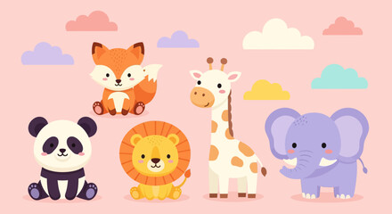 Cartoon illustration featuring a panda, fox, lion, giraffe, and elephant with clouds on pink background