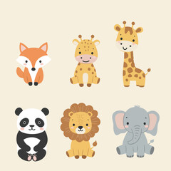 Adorable collection of cute woodland and jungle animals including a panda fox lion and elephants perfect for children's books and decorations