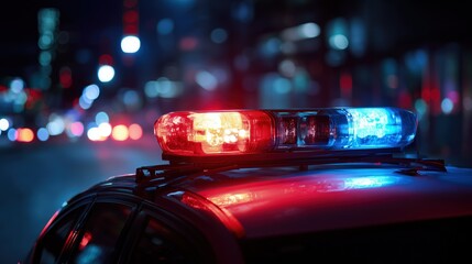 Red and blue flashing lights on top of a police car at night. Street. Law enforcement. Security. Public safety. Patrol